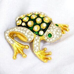 Vintage 1980s Frog Brooch Enamel and Crystals